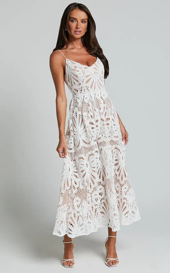 Showpo Priscilla Midi Dress 8211 Strappy A Line Lace Dress In White Women Dresses