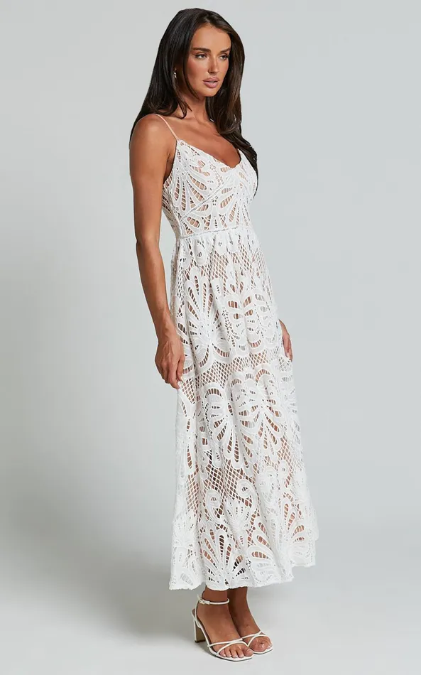 Showpo Priscilla Midi Dress 8211 Strappy A Line Lace Dress In White Women Dresses