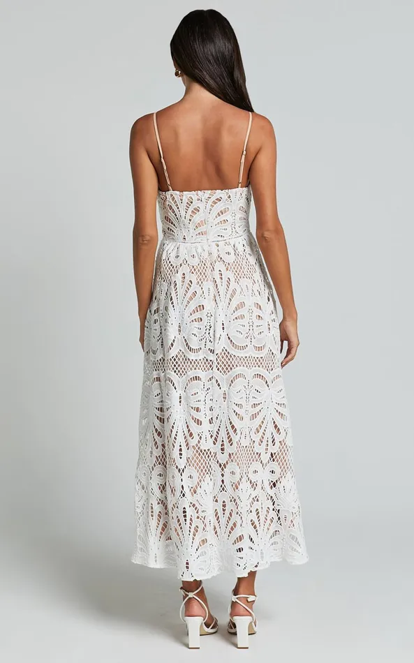 Showpo Priscilla Midi Dress 8211 Strappy A Line Lace Dress In White Women Dresses