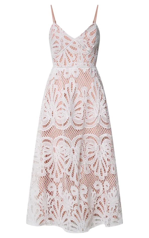 Showpo Priscilla Midi Dress 8211 Strappy A Line Lace Dress In White Women Dresses