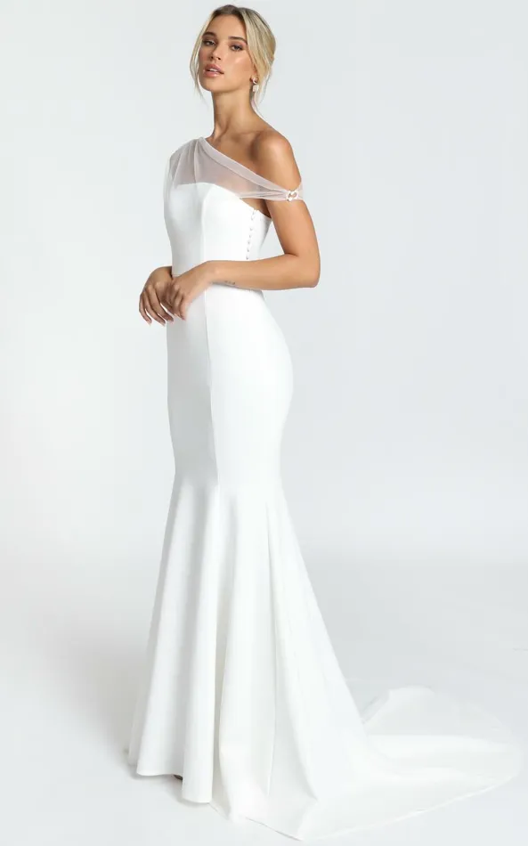 Showpo Put A Ring On It Gown 8211 Asymmetric Mesh Shoulder Mermaid Gown In White Women Dresses Showpo Put A Ring On It Gown 8211 Asymmetric Mesh Shoulder Mermaid Gown In White Women Dresses
