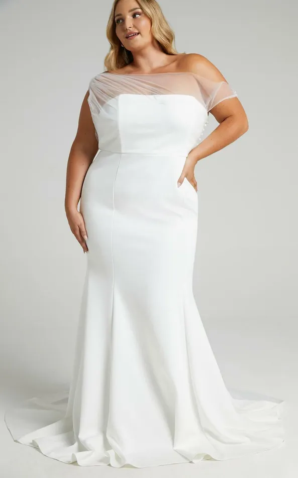 Showpo Put A Ring On It Gown 8211 Asymmetric Mesh Shoulder Mermaid Gown In White Women Dresses