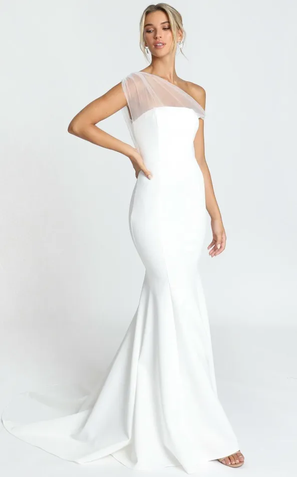 Showpo Put A Ring On It Gown 8211 Asymmetric Mesh Shoulder Mermaid Gown In White Women Dresses