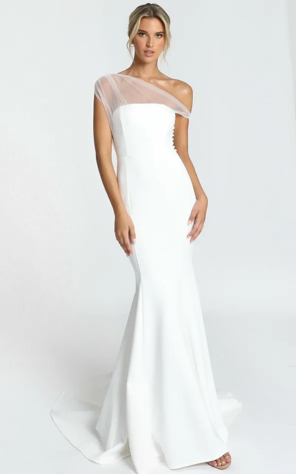 Showpo Put A Ring On It Gown 8211 Asymmetric Mesh Shoulder Mermaid Gown In White Women Dresses