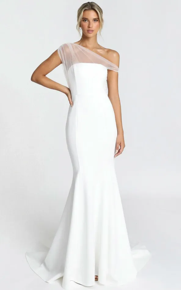 Showpo Put A Ring On It Gown 8211 Asymmetric Mesh Shoulder Mermaid Gown In White Women Dresses