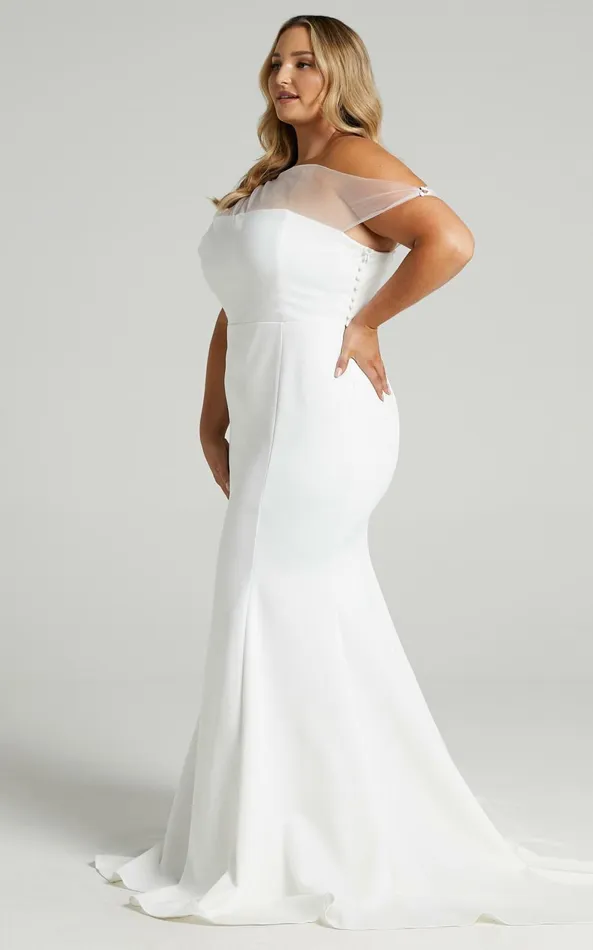 Showpo Put A Ring On It Gown 8211 Asymmetric Mesh Shoulder Mermaid Gown In White Women Dresses