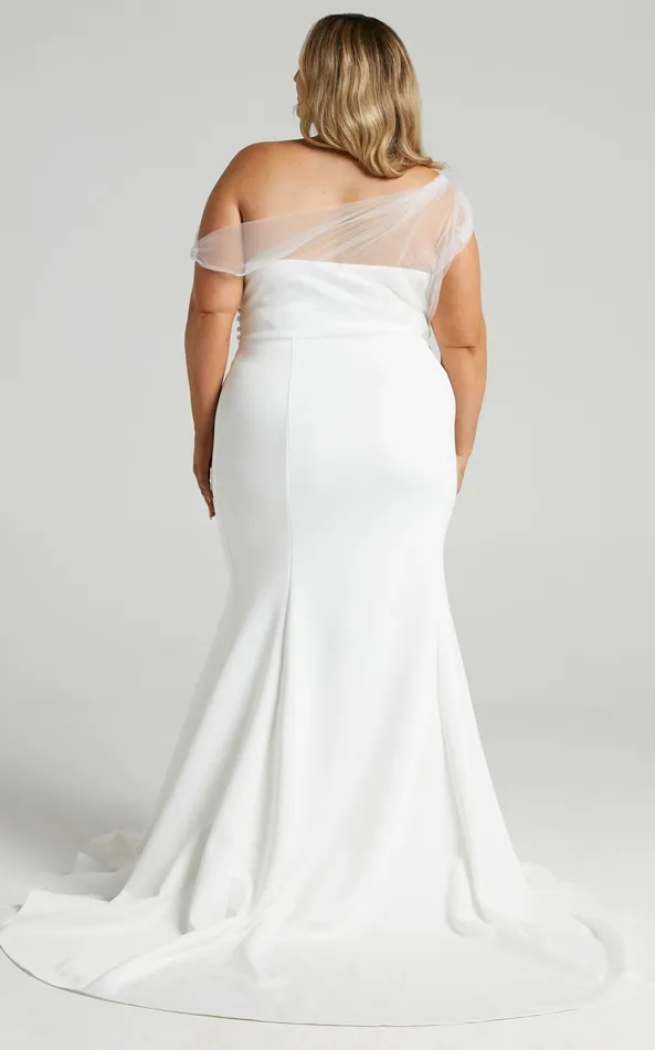 Showpo Put A Ring On It Gown 8211 Asymmetric Mesh Shoulder Mermaid Gown In White Women Dresses