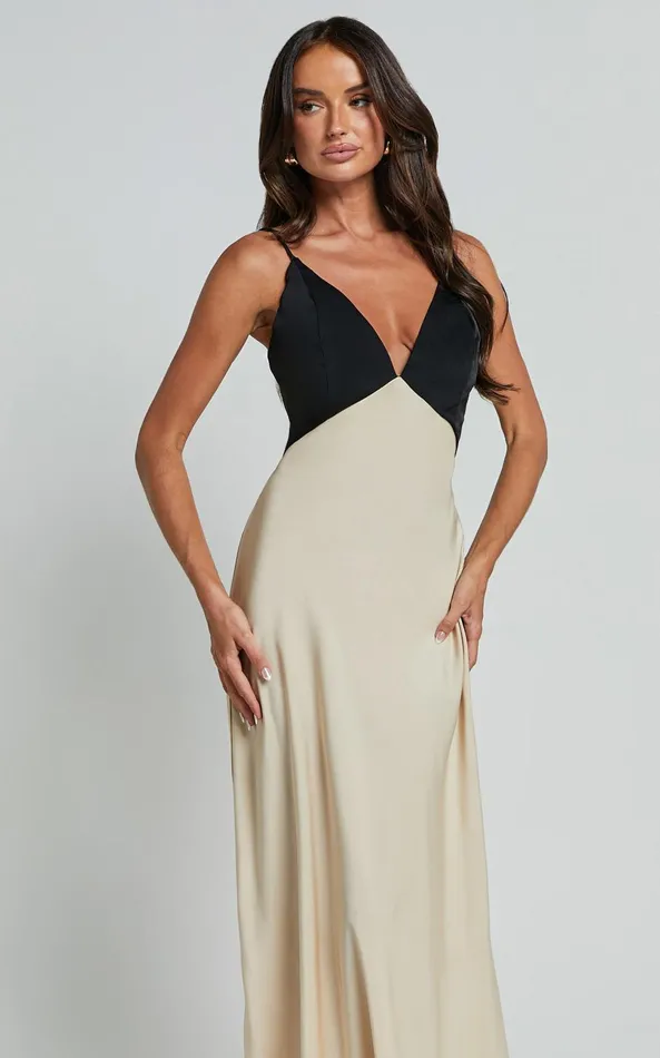 Showpo Quincy Maxi Dress 8211 Contrast Panel Satin Slip Dress In BlackChampagne Women Dresses