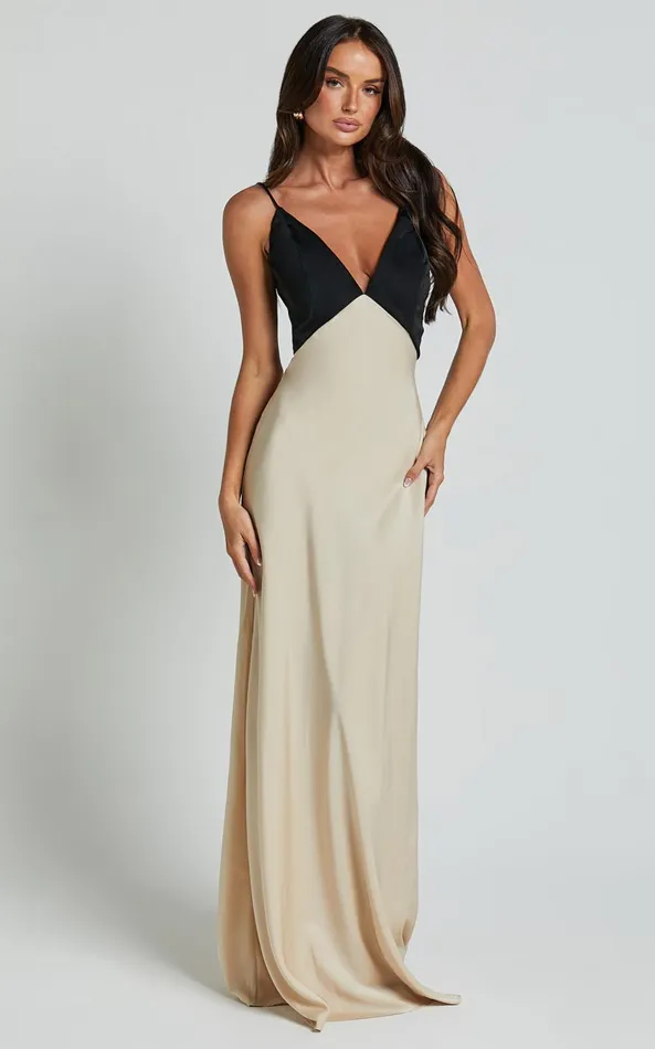 Showpo Quincy Maxi Dress 8211 Contrast Panel Satin Slip Dress In BlackChampagne Women Dresses