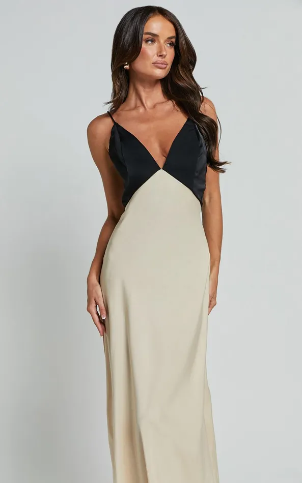 Showpo Quincy Maxi Dress 8211 Contrast Panel Satin Slip Dress In BlackChampagne Women Dresses