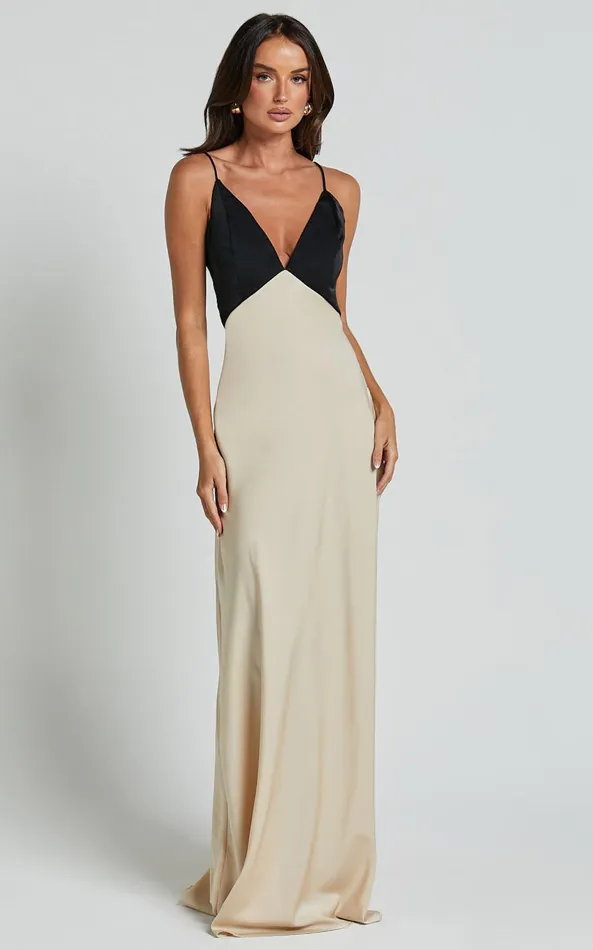 Showpo Quincy Maxi Dress 8211 Contrast Panel Satin Slip Dress In BlackChampagne Women Dresses