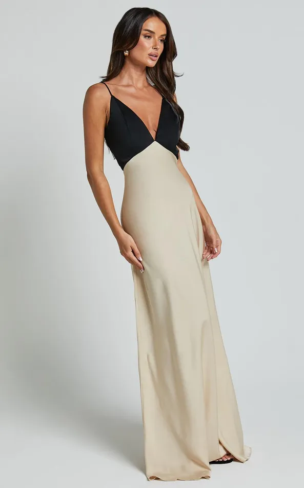 Showpo Quincy Maxi Dress 8211 Contrast Panel Satin Slip Dress In BlackChampagne Women Dresses