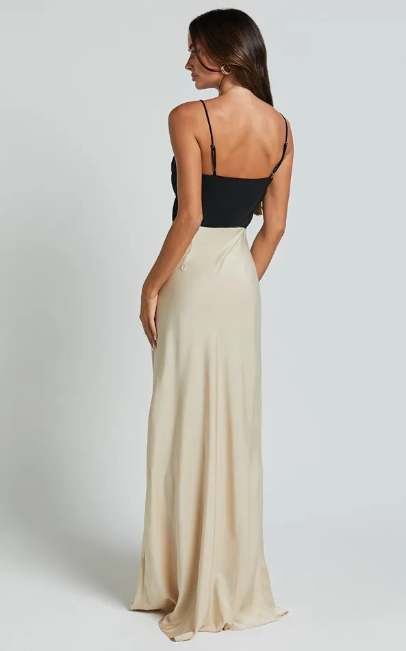 Showpo Quincy Maxi Dress 8211 Contrast Panel Satin Slip Dress In BlackChampagne Women Dresses
