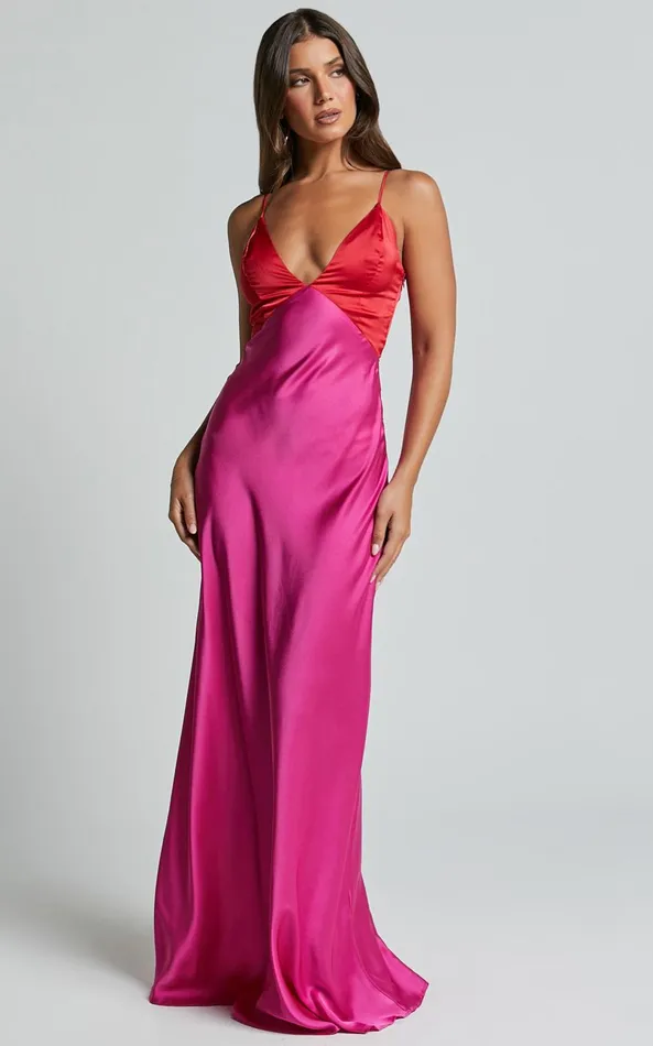 Showpo Quincy Maxi Dress 8211 Contrast Panel Satin Slip Dress In PinkRed Women Dresses Showpo Quincy Maxi Dress 8211 Contrast Panel Satin Slip Dress In PinkRed Women Dresses