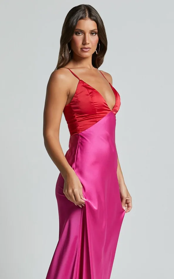Showpo Quincy Maxi Dress 8211 Contrast Panel Satin Slip Dress In PinkRed Women Dresses