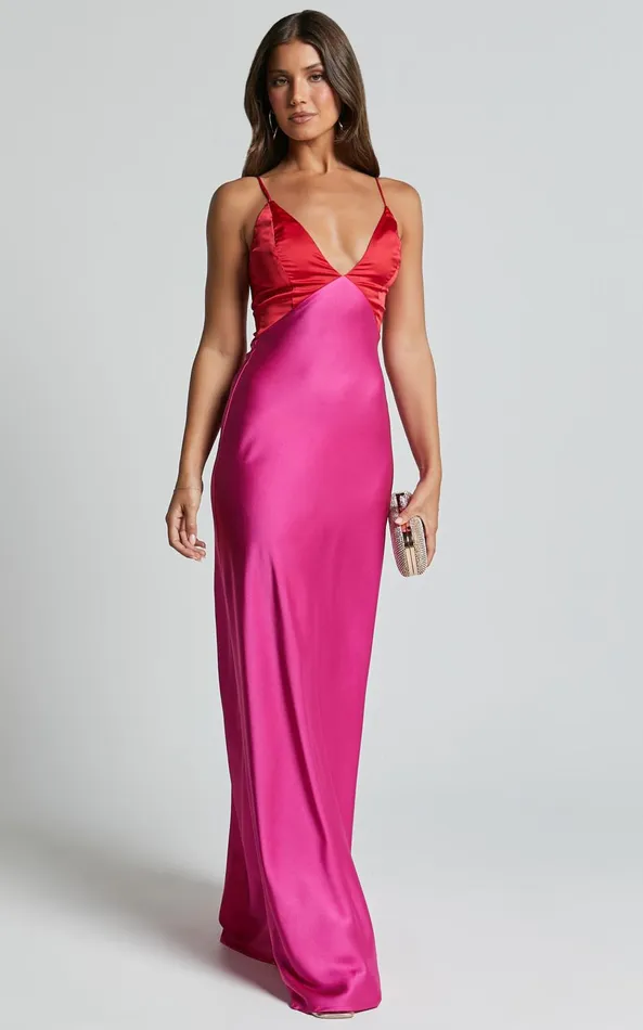 Showpo Quincy Maxi Dress 8211 Contrast Panel Satin Slip Dress In PinkRed Women Dresses