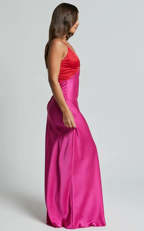 Showpo Quincy Maxi Dress 8211 Contrast Panel Satin Slip Dress In PinkRed Women Dresses