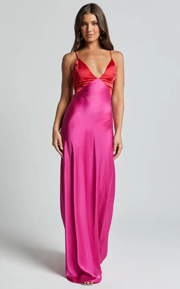Showpo Quincy Maxi Dress 8211 Contrast Panel Satin Slip Dress In PinkRed Women Dresses