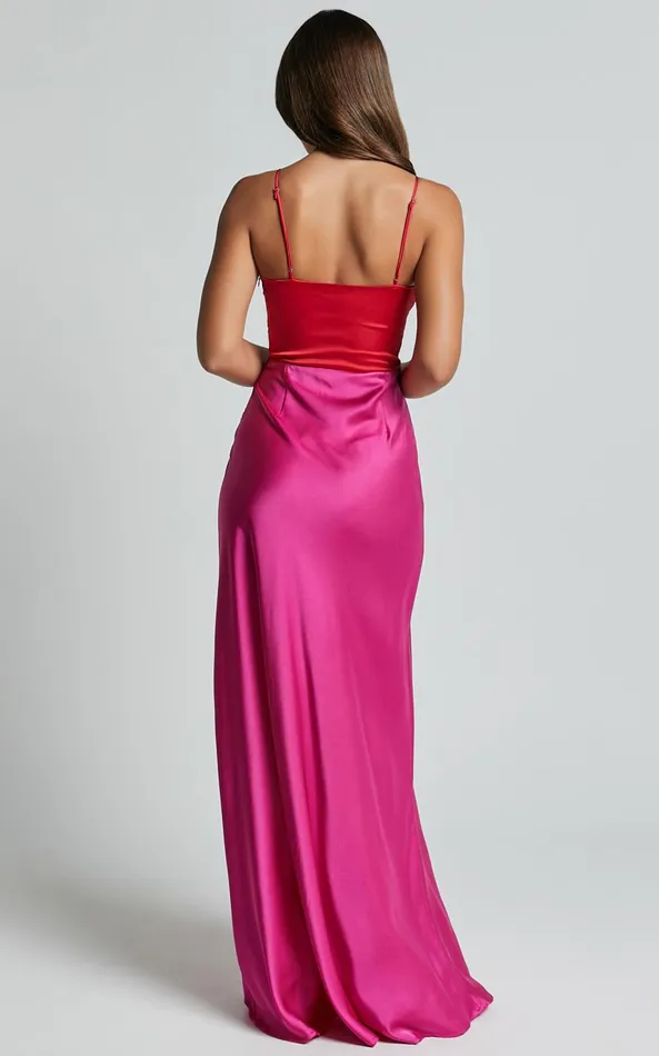 Showpo Quincy Maxi Dress 8211 Contrast Panel Satin Slip Dress In PinkRed Women Dresses