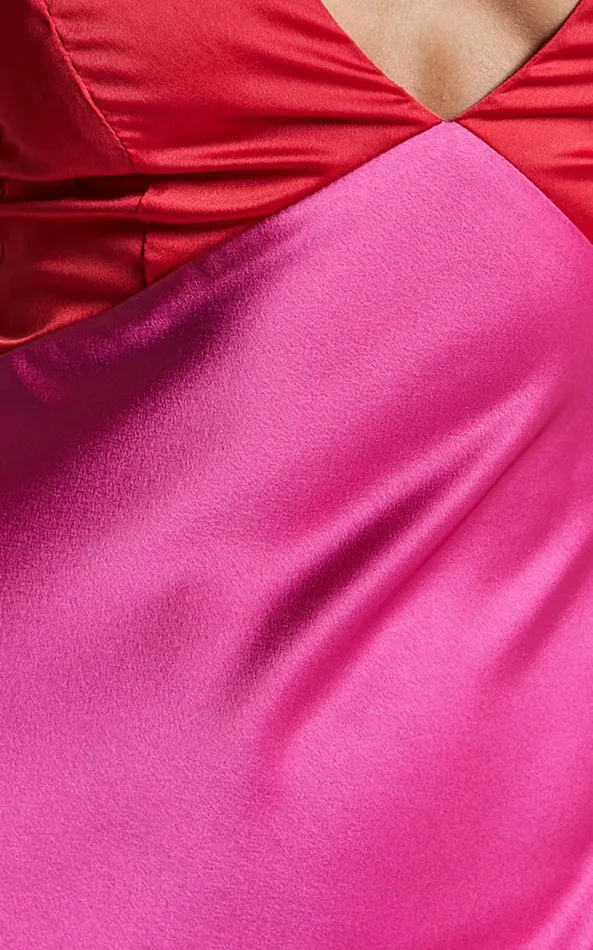 Showpo Quincy Maxi Dress 8211 Contrast Panel Satin Slip Dress In PinkRed Women Dresses