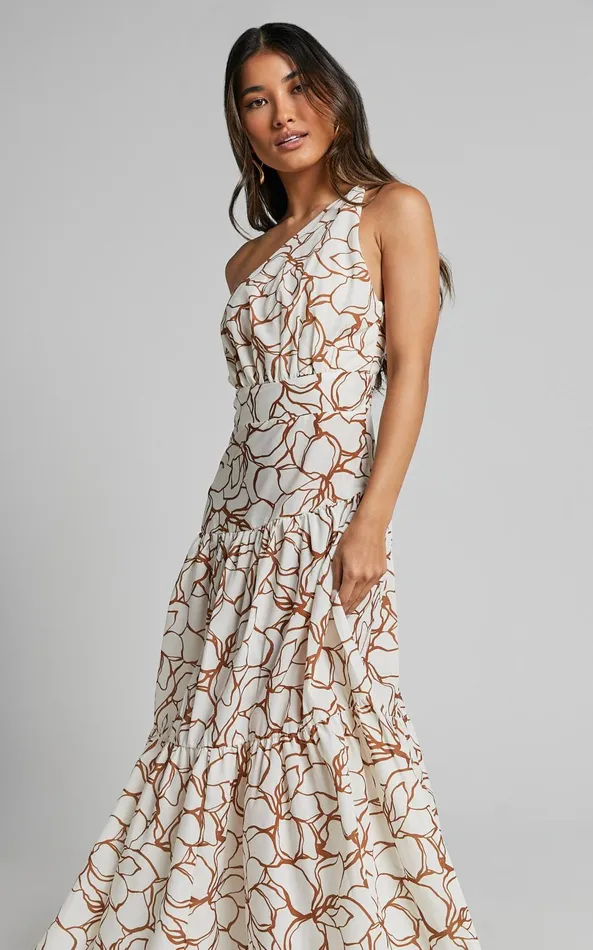 Showpo Raiden Midi Dress 8211 Asymmetric One Shoulder Tiered Dress In White Floral Women Dresses