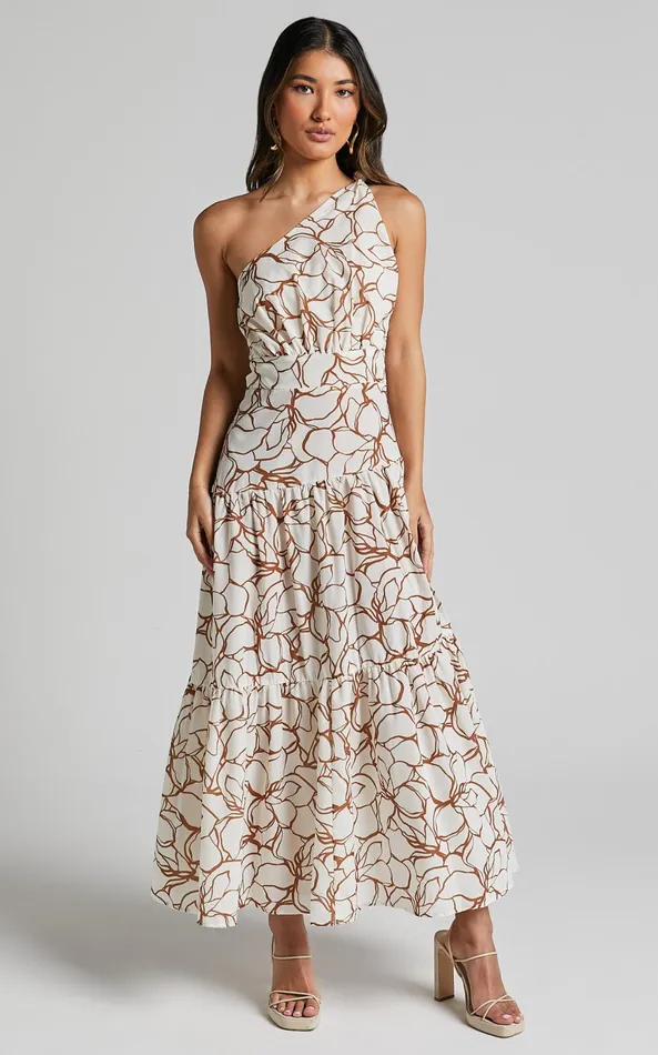 Showpo Raiden Midi Dress 8211 Asymmetric One Shoulder Tiered Dress In White Floral Women Dresses