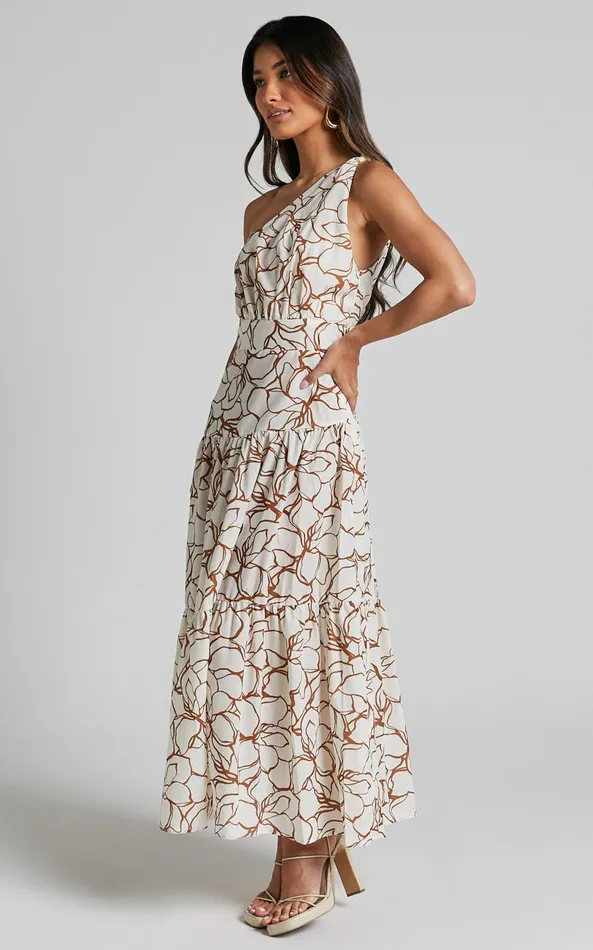 Showpo Raiden Midi Dress 8211 Asymmetric One Shoulder Tiered Dress In White Floral Women Dresses