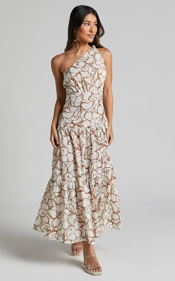 Showpo Raiden Midi Dress 8211 Asymmetric One Shoulder Tiered Dress In White Floral Women Dresses