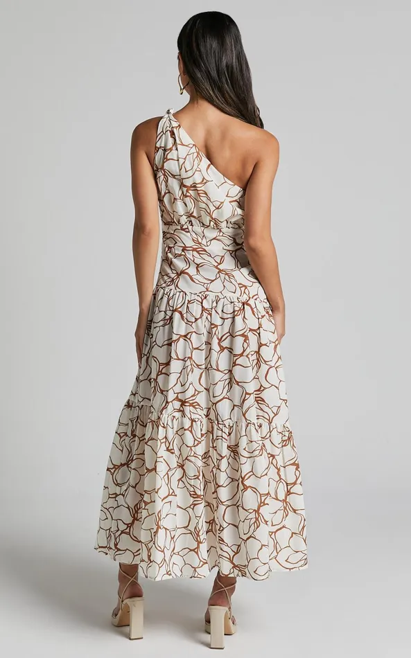 Showpo Raiden Midi Dress 8211 Asymmetric One Shoulder Tiered Dress In White Floral Women Dresses