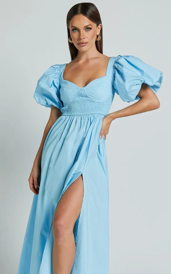 Showpo Raiza Midi Dress 8211 Shirred Waist Puff Sleeve Dress In Aqua Women Dresses