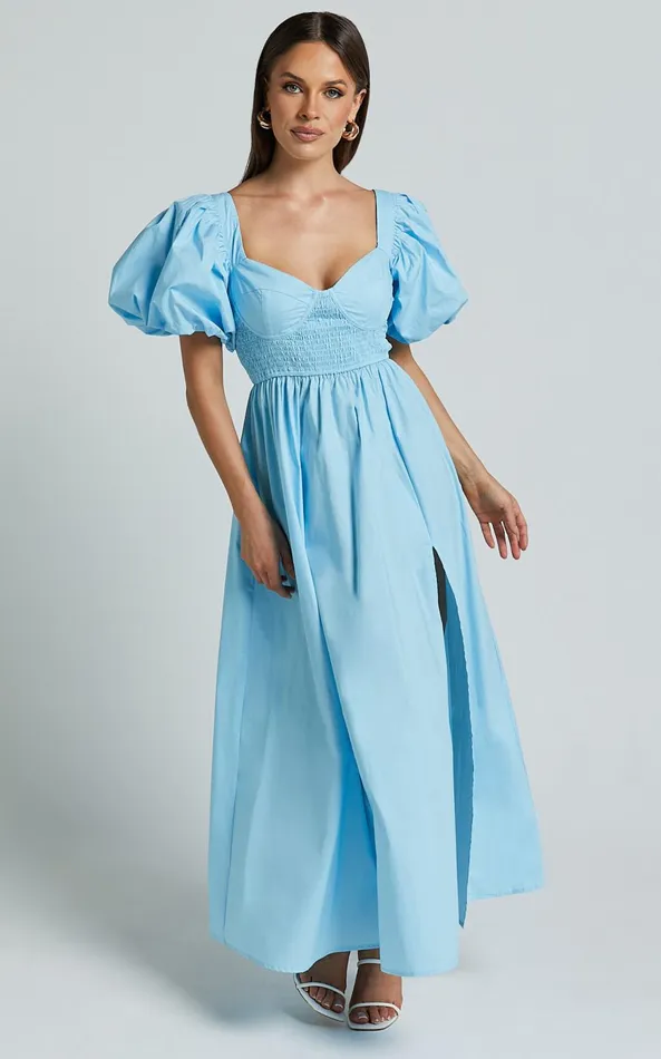 Showpo Raiza Midi Dress 8211 Shirred Waist Puff Sleeve Dress In Aqua Women Dresses