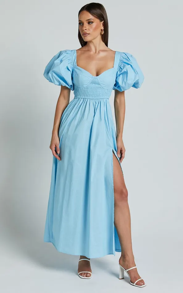 Showpo Raiza Midi Dress 8211 Shirred Waist Puff Sleeve Dress In Aqua Women Dresses