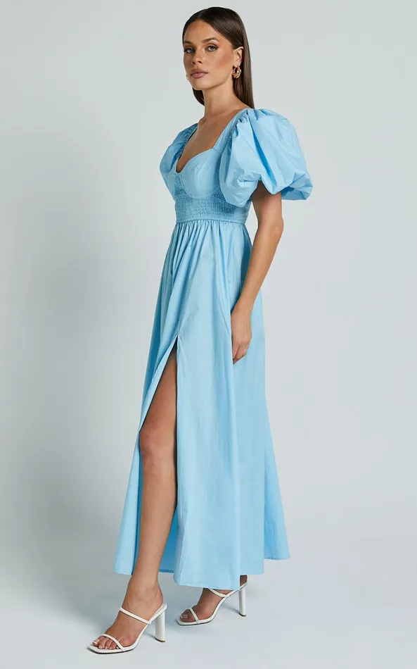 Showpo Raiza Midi Dress 8211 Shirred Waist Puff Sleeve Dress In Aqua Women Dresses