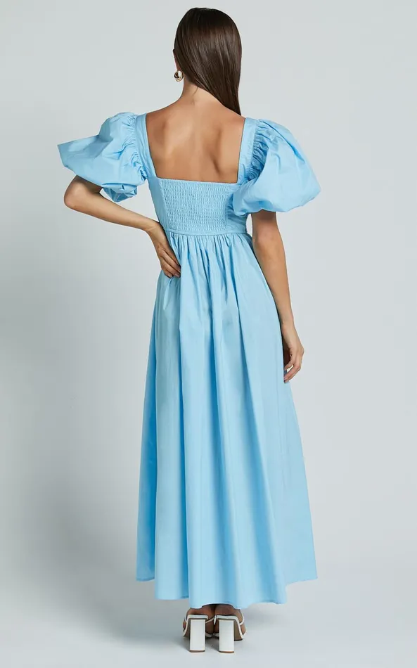 Showpo Raiza Midi Dress 8211 Shirred Waist Puff Sleeve Dress In Aqua Women Dresses