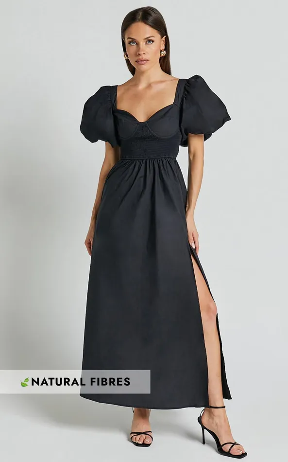 Showpo Raiza Midi Dress 8211 Shirred Waist Puff Sleeve Dress In Black Women Curve Clothes Showpo Raiza Midi Dress 8211 Shirred Waist Puff Sleeve Dress In Black Women Curve Clothes