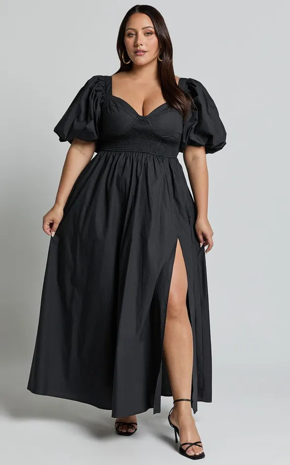 Showpo Raiza Midi Dress 8211 Shirred Waist Puff Sleeve Dress In Black Women Curve Clothes
