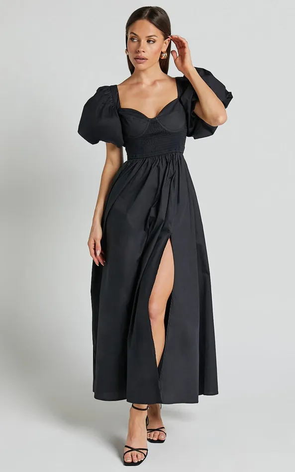 Showpo Raiza Midi Dress 8211 Shirred Waist Puff Sleeve Dress In Black Women Curve Clothes