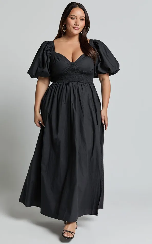 Showpo Raiza Midi Dress 8211 Shirred Waist Puff Sleeve Dress In Black Women Curve Clothes