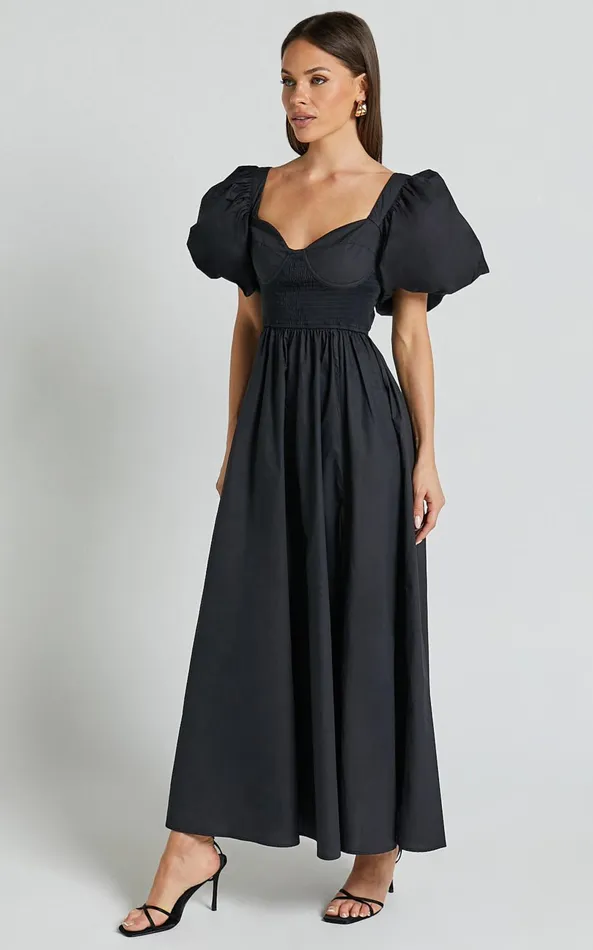 Showpo Raiza Midi Dress 8211 Shirred Waist Puff Sleeve Dress In Black Women Curve Clothes
