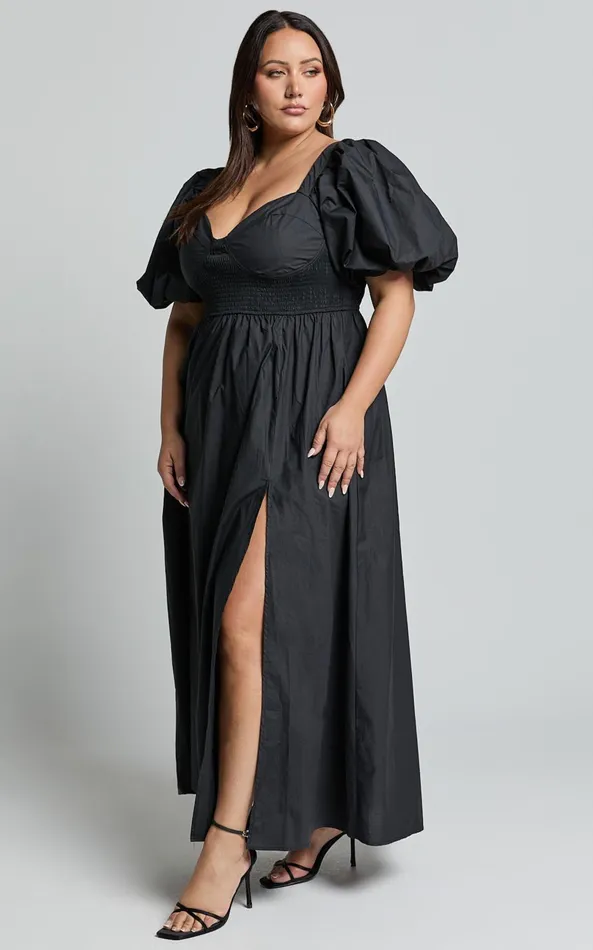 Showpo Raiza Midi Dress 8211 Shirred Waist Puff Sleeve Dress In Black Women Curve Clothes