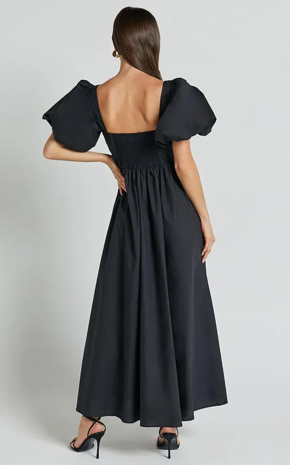 Showpo Raiza Midi Dress 8211 Shirred Waist Puff Sleeve Dress In Black Women Curve Clothes