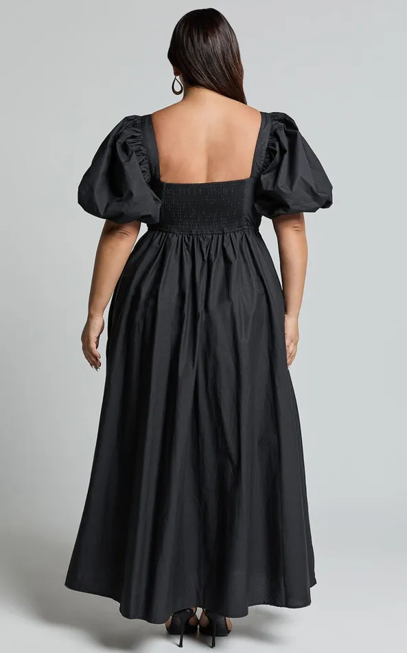 Showpo Raiza Midi Dress 8211 Shirred Waist Puff Sleeve Dress In Black Women Curve Clothes