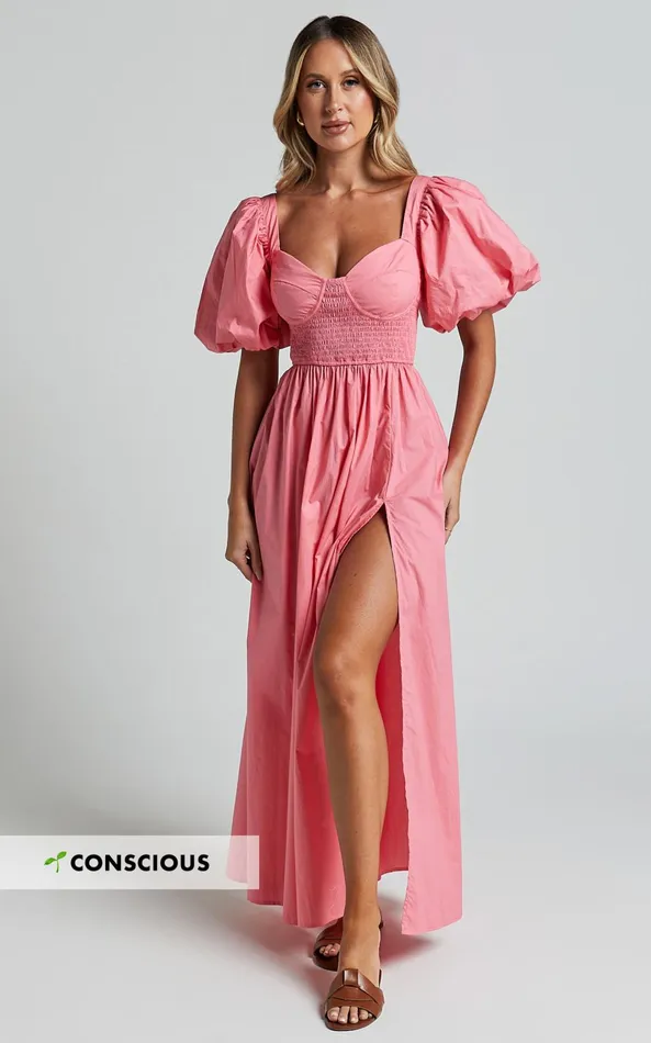 Showpo Raiza Midi Dress 8211 Shirred Waist Puff Sleeve Dress In Coral Pink Women Curve Clothes Showpo Raiza Midi Dress 8211 Shirred Waist Puff Sleeve Dress In Coral Pink Women Curve Clothes