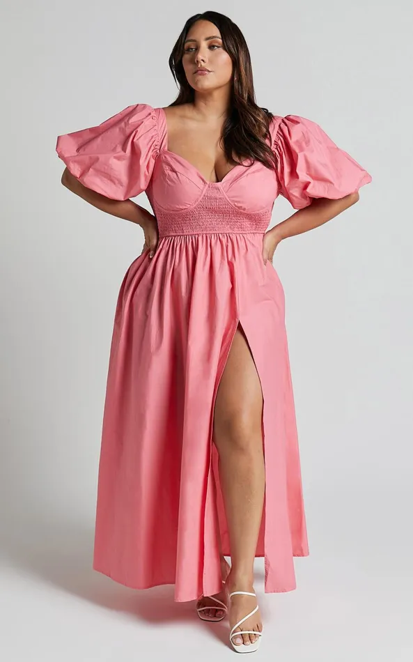 Showpo Raiza Midi Dress 8211 Shirred Waist Puff Sleeve Dress In Coral Pink Women Curve Clothes