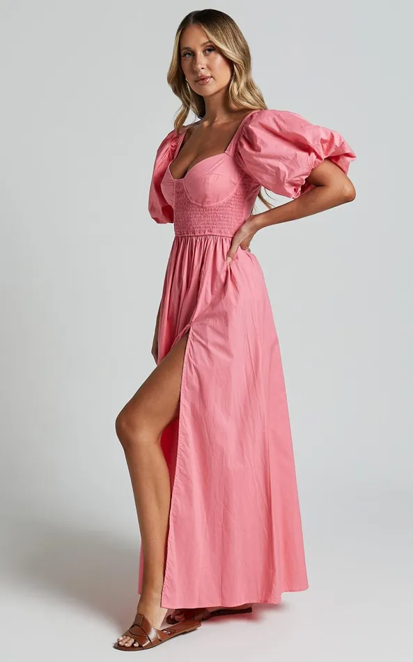 Showpo Raiza Midi Dress 8211 Shirred Waist Puff Sleeve Dress In Coral Pink Women Curve Clothes