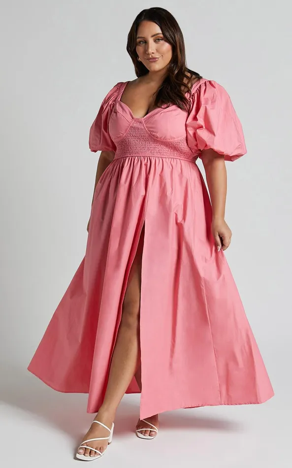 Showpo Raiza Midi Dress 8211 Shirred Waist Puff Sleeve Dress In Coral Pink Women Curve Clothes
