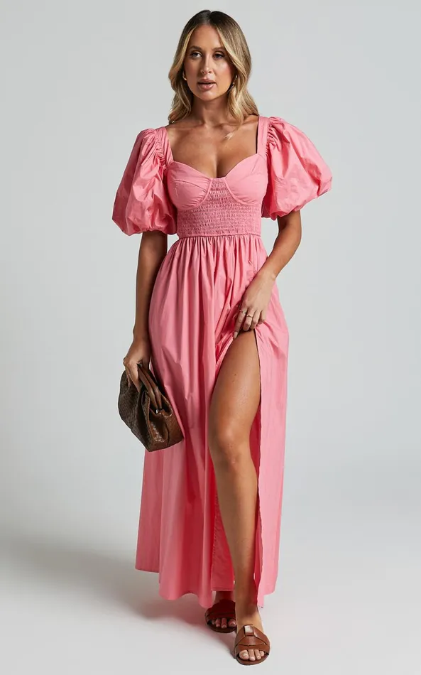 Showpo Raiza Midi Dress 8211 Shirred Waist Puff Sleeve Dress In Coral Pink Women Curve Clothes