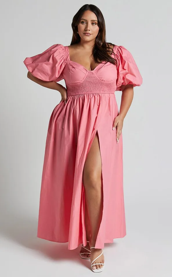 Showpo Raiza Midi Dress 8211 Shirred Waist Puff Sleeve Dress In Coral Pink Women Curve Clothes