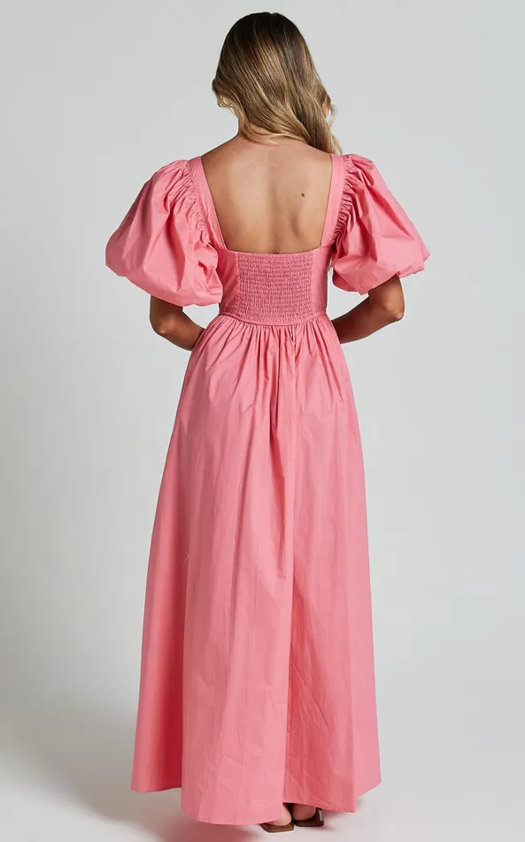Showpo Raiza Midi Dress 8211 Shirred Waist Puff Sleeve Dress In Coral Pink Women Curve Clothes