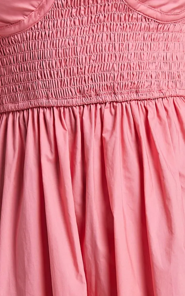 Showpo Raiza Midi Dress 8211 Shirred Waist Puff Sleeve Dress In Coral Pink Women Curve Clothes